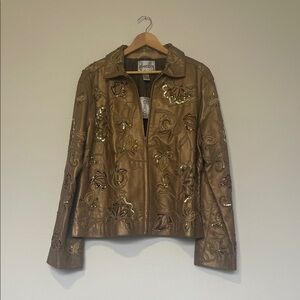 Chico's VINTAGE Bronze Embroidered Leather Jacket, Size 3 NWT